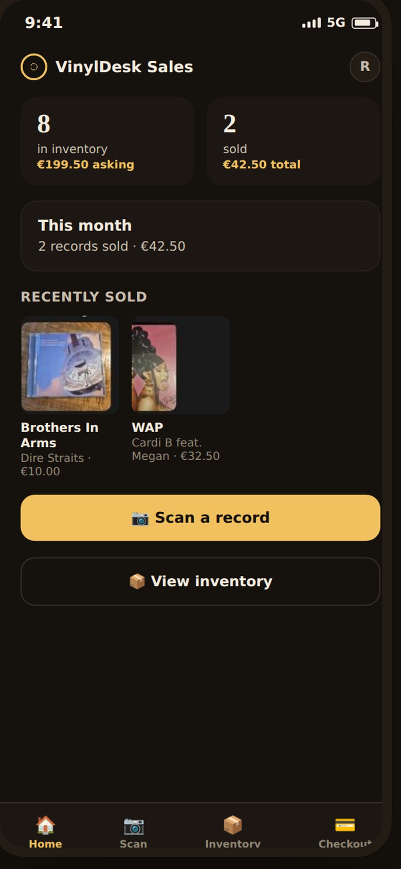VinylDesk Sales home screen showing inventory, asking price and recently sold records